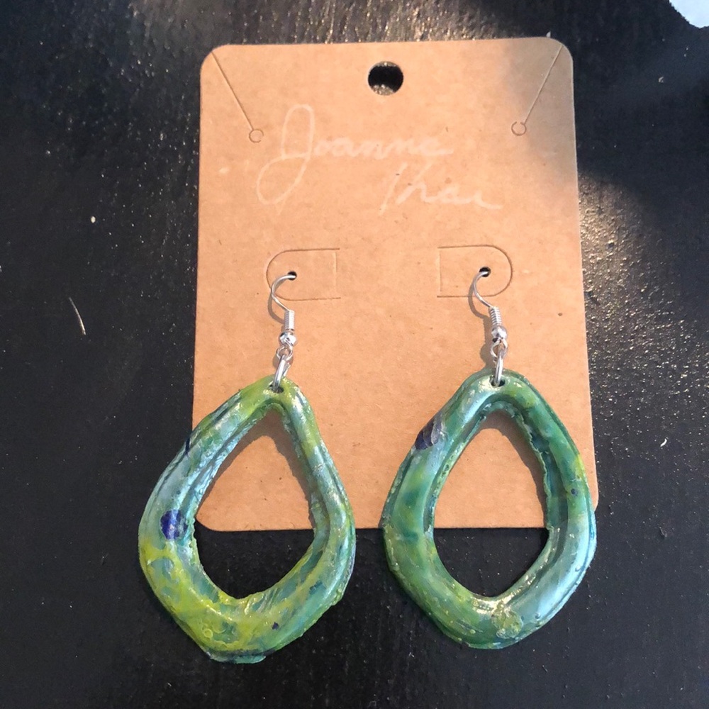 Handmade clay dip green teardrop earrings